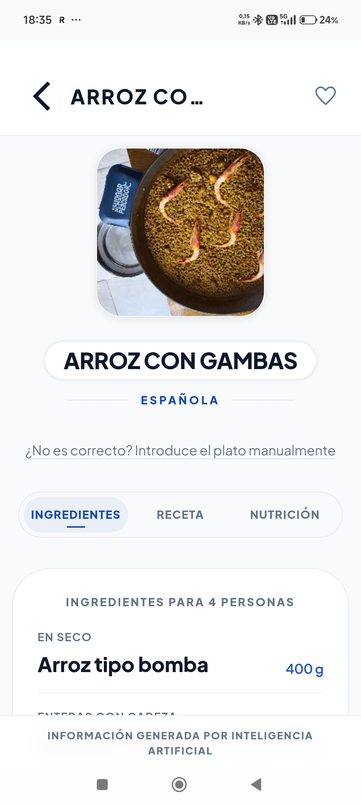 Resultado real de ingredientes en VisionChef